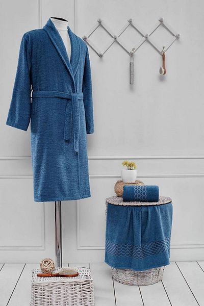 Acacia 8 Piece Boxed Bathrobe Set Indigo - Cream