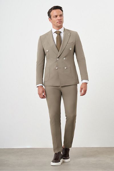 Morven Light Brown Men's Polyamide Slim Fit Suit - Double Breasted Pointed Collar