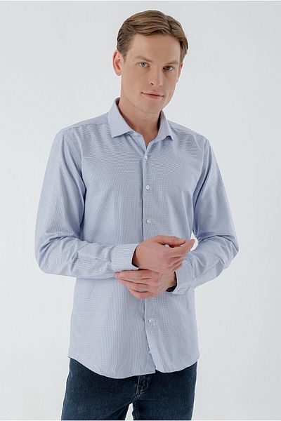 Morven Cămașă pentru bărbați, albastră, cu model, cu guler italian, slim fit