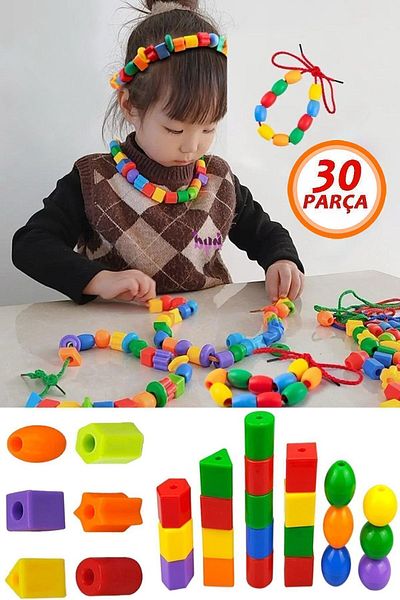 Bundera 30 Pieces Geometric Shapes and Color Skill - Bead Stringing Game Educational Toy