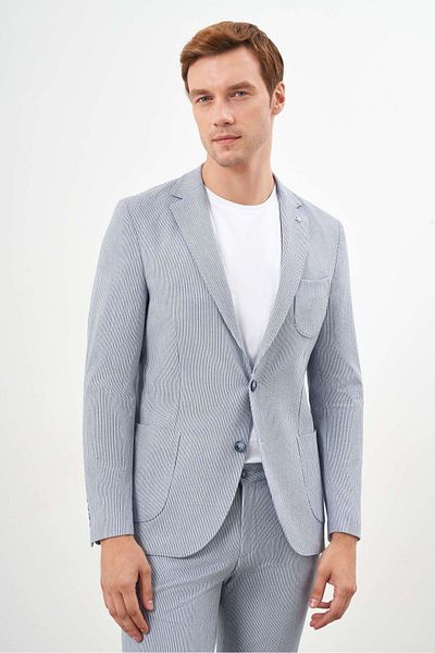 Morven Men's A. Blue Slim Fit Striped Polyviscose Suit - Mono Collar