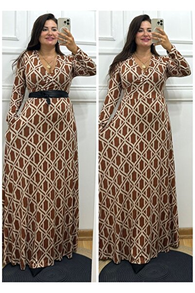 BUTİK MODA V103-Kahverengi baklava desen maksiboy kuşaklı elbise