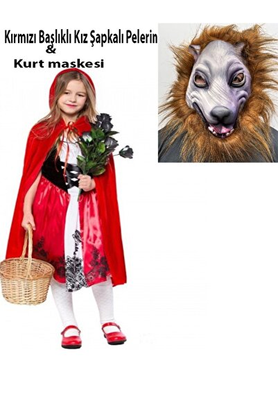 moysahsap party&ahşap Kırmızı Başlıklı Kız Şapkalı Pelerin 90 Cm Ve Kurt Maskesi Seti Maske Saç Renk Değişebilir