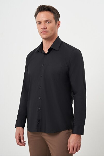 Morven Ανδρικό πουκάμισο με κανονική εφαρμογή σε μαύρο βασικό μονόχρωμο σχέδιο με σκληρό γιακά