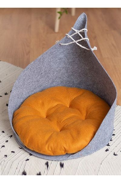 Bundera Kido Cat Bed Gray - Yellow Pet Beads Silicone Fiber Cat Cushion Cat Nest Hut