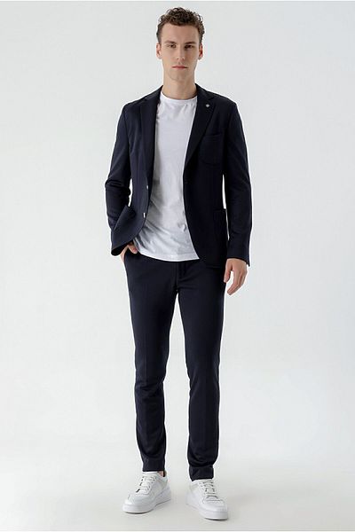 Morven Men's Navy Blue Polyviscon Trend Patterned Slim Fit Mono Collar Suit