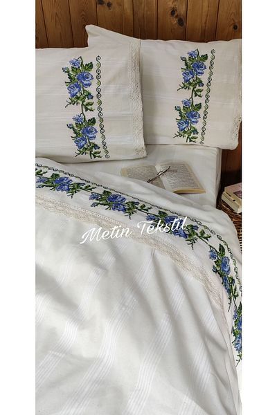 Pamuk Evim Set cuvertură de pilota Buldan autentic unic, brodat în albastru
