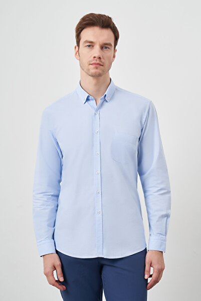 Morven Мъжка синя памучна риза с джобове, десен и копчета, с редовна кройка