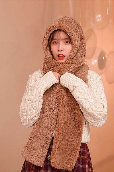 Bundera Scarf Coffee Hooded Women Plush Beanie Scarf Female Welsoft Fleece Neck Collar Shawl Windproof Hat