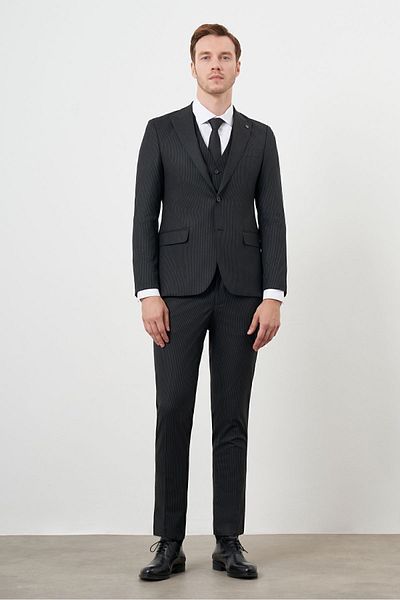Morven Black Polyviscose Striped Slim Fit Suit with Vest - Pointed Collar