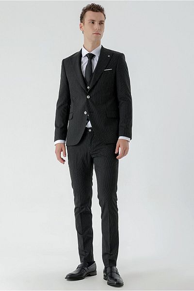 Morven Men's Black Polyviscon Trend Vest Striped Pattern Slim Fit Pointed Collar Suit