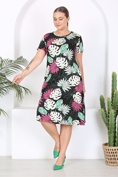 Madwilo Γυναικείο φόρεμα με ροζ πράσινο τροπικό σχέδιο ελαστικό βισκόζη