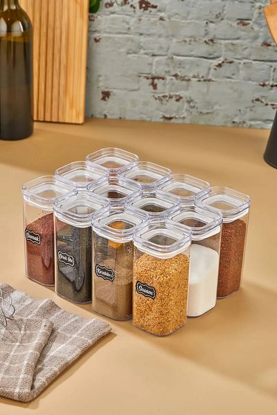 DE HOME 12-Piece 300ml Vacuum Lid Spice Rack Set - Leak Proof Gasket - 25 Label Gifts