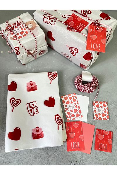 Meyofficial Red heart patterned love written package with kit (pelur card stickers binding rope)