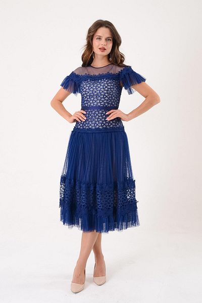 SpringStore Rochie de seară cu mâneci din dantelă bleumarin