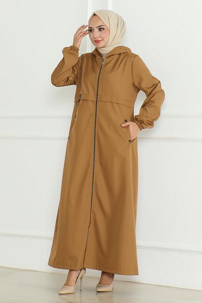 Modamihram Tan 19217 - Embroidered and Zippered Trench Coat