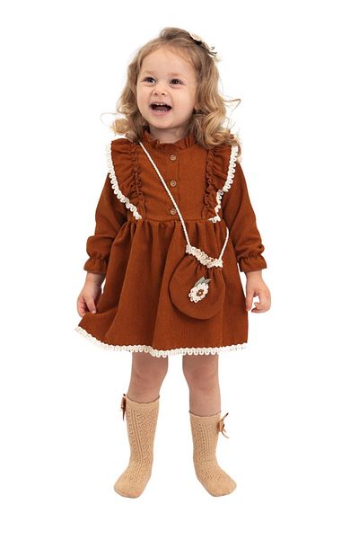 Nehirim Kids Brown Girl's Dress - with Bag and Lace, Autumn and Winter, 2-5 Years
