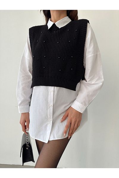 BEJNA Schwarzer Damen-Strickpullover mit Perlendetails und seitlichem Bindeband
