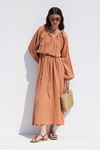 Manuka Orange Muslin Dress - with Tie Detail