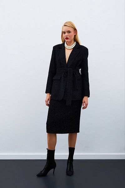 Sateen Fusta din tweed de lungime midi - NEGRA