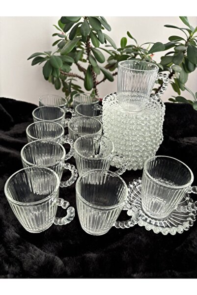 DİBA AVM 24 Piece Bead Model Tea Set - 12 Tea Plates and 12 Cups