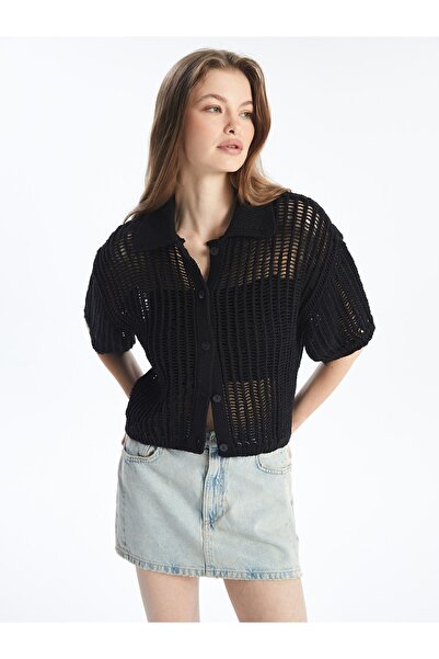 Dexia Верона - Черна Relax Fit трикотажна риза, риза с яка, къс ръкав - ажурна