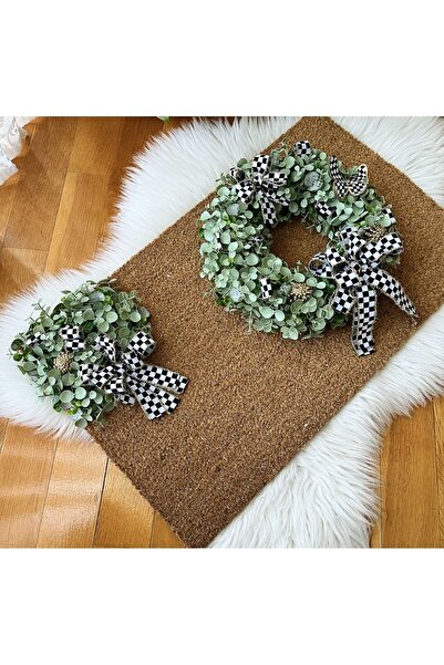 Pusula Hijyen 30x33 Κλασικό πράσινο ξύλινο στολίδι - Στολίδι πόρτας με κορδέλα και χαλάκι γιρλάντα