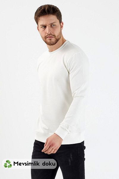 MRS CLOTHING Απλό ανδρικό λευκό φούτερ Basic Crew Neck Slim