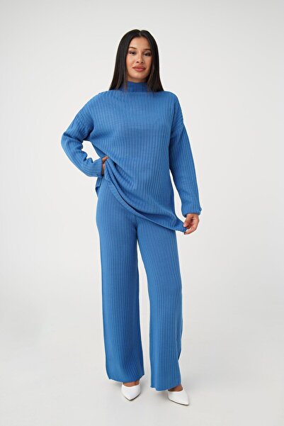 Hipo Trend Indigo pleteni set tunike i pantalona - Visoki ovratnik