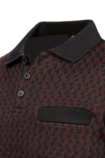 Çizgi Triko Men's Polo Collar Striped Knitwear Sweater - Patterned Sleeves and Waist Elastics, Steel Knit Classic Fit - 5006F