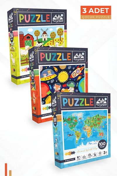 Neverland Children's Puzzle Set of 3 - Farm, Moon and Animal World Map
