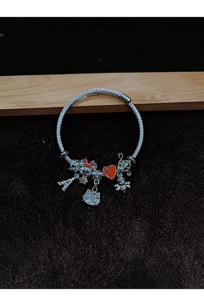 DNA Takı Stainless Steel Red Color Heart and Cat Bracelet - Eiffel Tower Charm