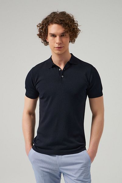 D'S Damat Πλεκτό μπλουζάκι Slim Fit Navy Blue απλό πλεκτό ρεγιόν