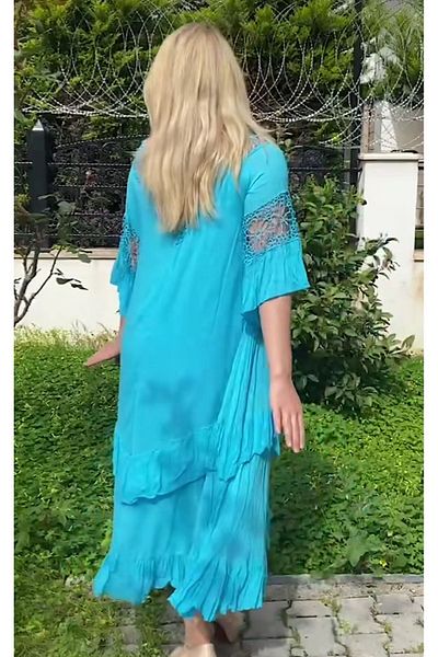 AKŞEN GİYİM Rochie din voal de bumbac de marime mare cu detaliu din dantela - potrivita pentru marimile 40-42-44-46-48-50