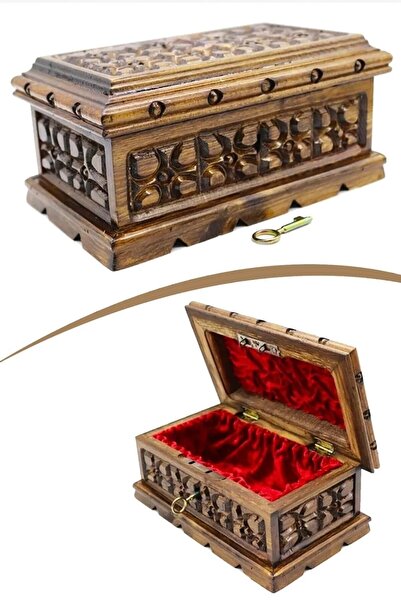 Ersa Hediyelik Anahtarlı Takı Kutusu Dikiş Kutusu Ceviz Oyma Kilitli Kutu Ahşap Mücevher Kutusu Kumbara