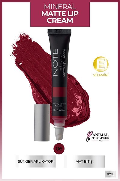 NOTE Mineral Matte Lip Cream Semi Matte Finish Liquid Lipstick 06 Go Red - Red