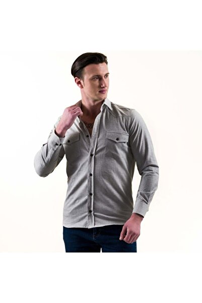 Exve Exclusive Gray Melange Cotton Lycra Outdoor Double Pocket Flap Slim Fit Western Shirt
