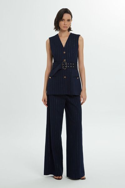 GİZİA Kemer Detaylı Çizgili Lacivert Yelek Ceket