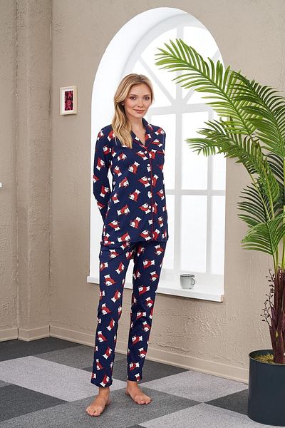PJS 23535 بدلة بيجامة نسائية منقوشة بأزرار