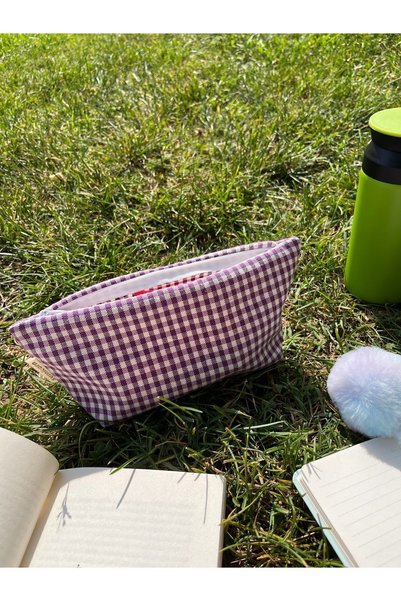 sumicorn Purple Gingham Washable Zippered Single Compartment Cloth Pen Holder Pencil Case Wallet Makeup Bag