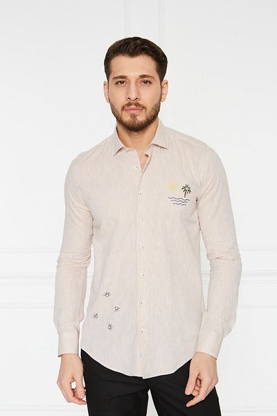 Paşahan Λινό Κεντημένο Slim Fit Πουκάμισο