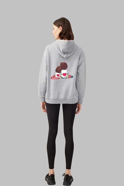 Nyda Collections Унисекс сив памучен кардиган Oversize - 3 прежди, с цип и джобове, щампа "Зимна любов на двойката"