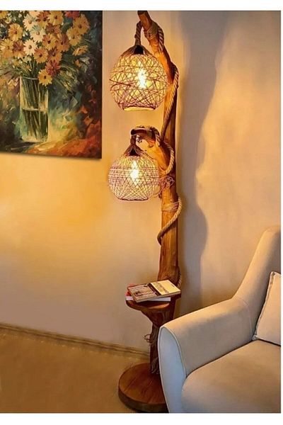 paris mobilya Floor Lamp Natural Wood - Double Globe Lighting