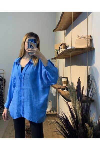 Jolinbutik Bol Kesim Oversize Standart Beden Tensel Kumaş Mavi Gömlek
