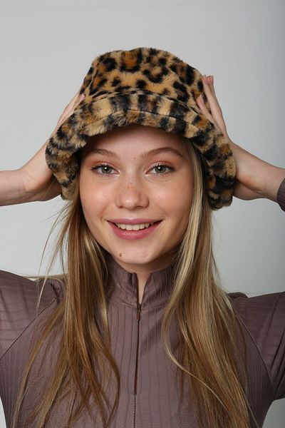 Luminos Butik Leopard Print Furry Bucket Hat - Trendy Winter Hat - Vibrant Color Accessory Spk1102