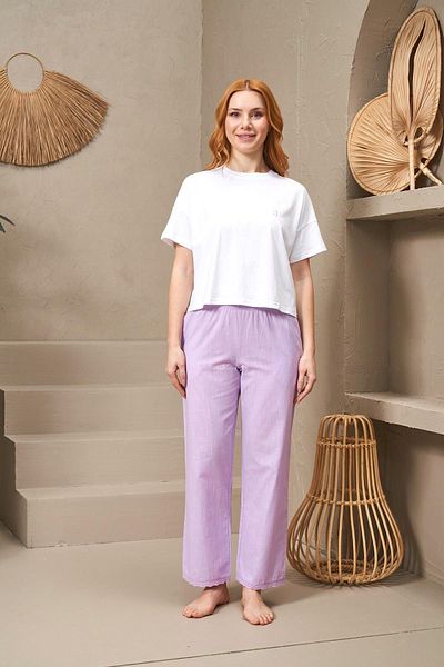 PJS 25121 Set de pijamale din bumbac cu mânecă scurtă, cu gât turnu, pentru femei