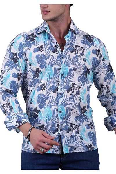 Exve Exclusive Navy Blue Turquoise Hawaii Leaf Printed Cotton Linen Slim Fit Men's Shirt on White