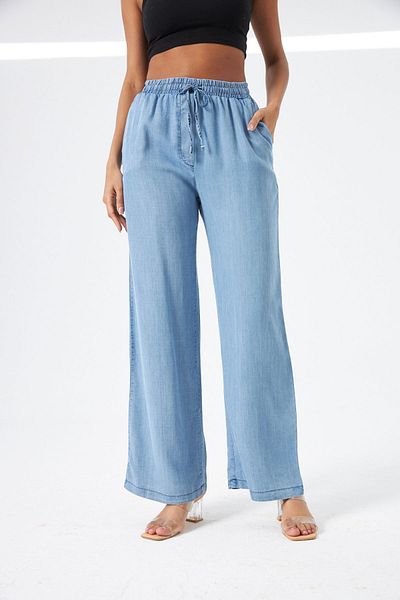 MİA NOURA Pantaloni din denim cu picioare late, cu talie elastică și șireturi