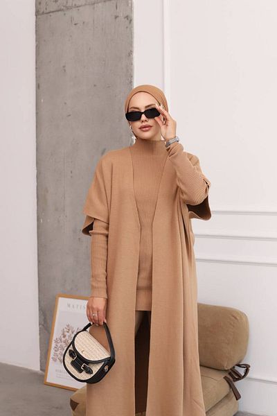 Neşeli Butik Τριπλό γυναικείο πλεκτό σετ Hijab Color Camel - NMS021