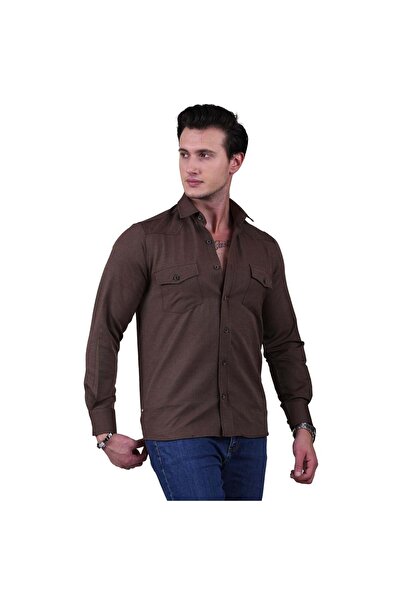 Exve Exclusive Кафява, едноцветна, памучна, дишаща, с двоен джоб, вталена, риза в уестърн стил